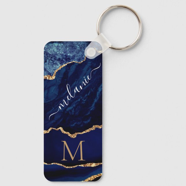 Navy Blue Guld Monogram Custom Name Keychain Gift Nyckelring (Baksida)