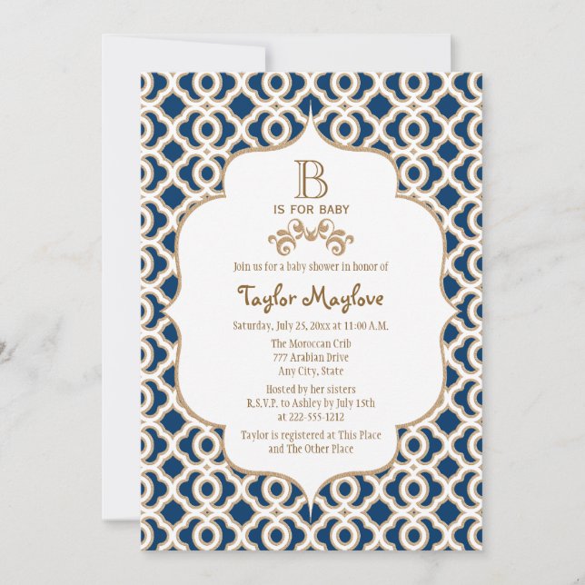 Navy Blue Guld Moroccan Gender Neutral Baby Shower Inbjudningar (Framsida)