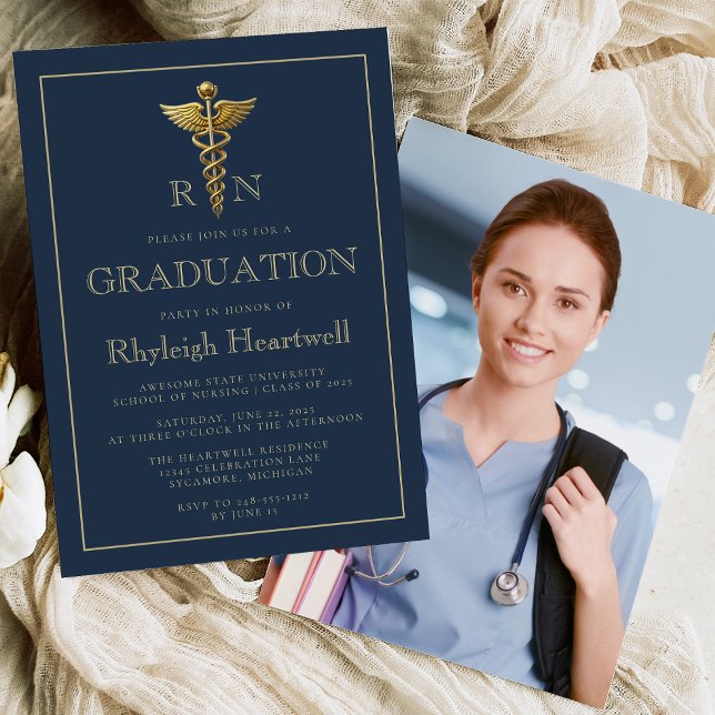 Navy Blue Guld Nurse RN Photo Studentfest Inbjudningar (Skapare uppladdad)