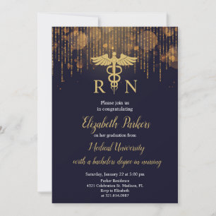 Navy Blue Guld Nursing Studentfest Inbjudningar