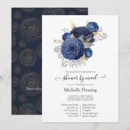 Navy Blue, Guld och Silver Blommig Bröllopsfest pe Inbjudningar