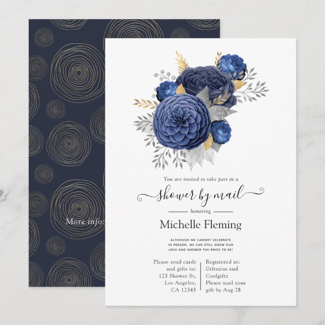 Navy Blue, Guld och Silver Blommig Bröllopsfest pe Inbjudningar (Fram/baksida)