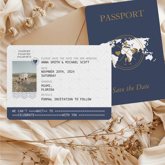 Navy Blue Guld Pass Bröllopsfoto Utomlands Spara Datumet (Passport Photo Save the Date Unique Destination Wedding Navy Blue & Gold)