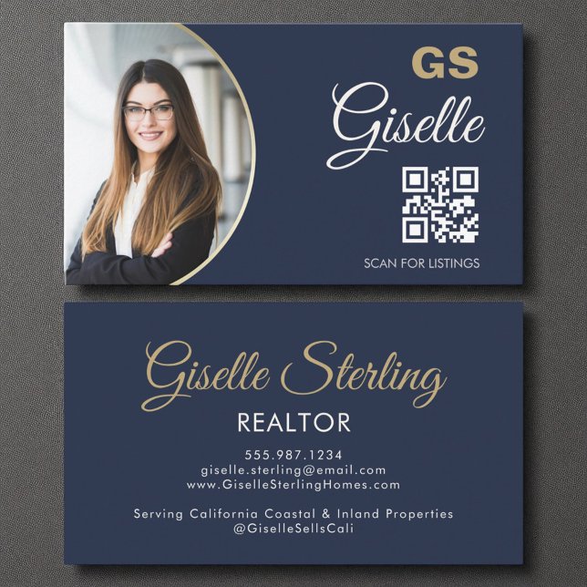 Navy Blue Guld Photo Monogram Realtor QR-kod Visitkort (Skapare uppladdad)
