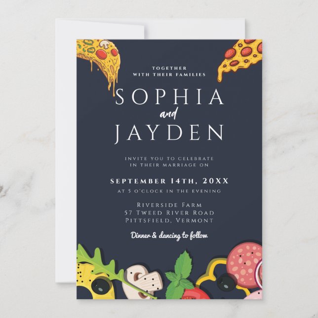 Navy Blue Guld PIZZA Modern Minimal Chic Inbjudningar (Framsida)