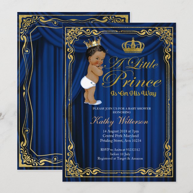 Navy Blue Guld Prince Ethnic Baby Shower inbjudan (Fram/baksida)