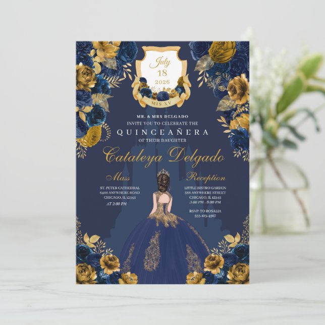 Navy Blue & Guld Princess Castle Quinceañera Inbjudningar (Stående Fram)