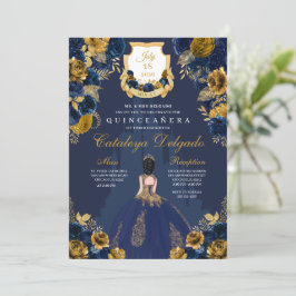 Navy Blue & Guld Princess Castle Quinceañera Inbjudningar