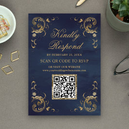 Navy Blue Guld QR-kod RSVP Bröllopswebbplats Tilläggskort