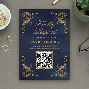 Navy Blue Guld QR-kod RSVP Bröllopswebbplats Tilläggskort
