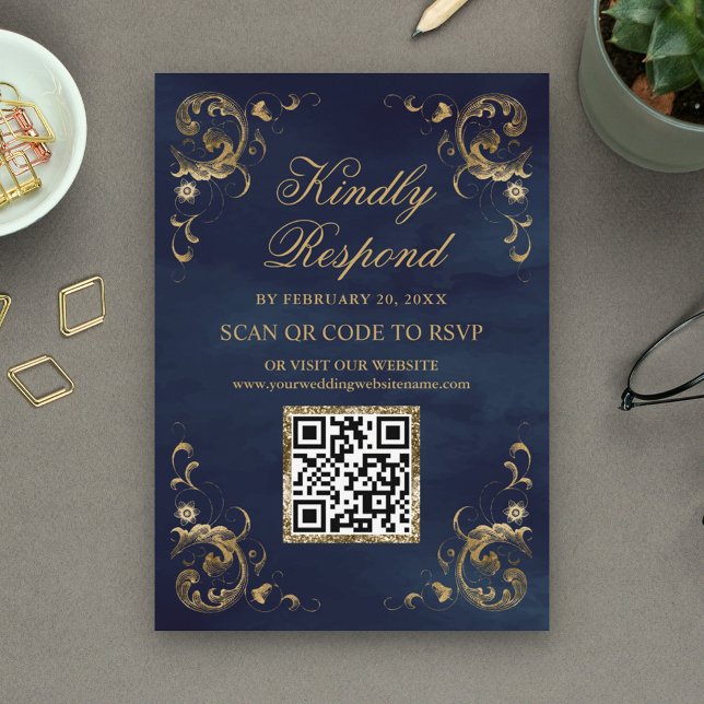 Navy Blue Guld QR-kod RSVP Bröllopswebbplats Tilläggskort (Skapare uppladdad)