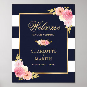 Navy Blue Guld Rosa Blommigt Bröllop Välkomstskylt Poster