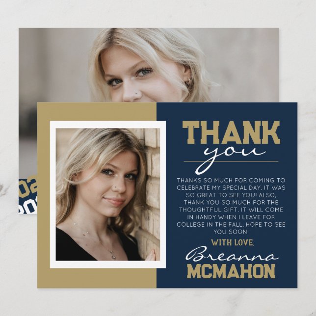 Navy Blue & Guld Studenten 2 Photo Tackto You Card Inbjudningar (Fram/baksida)
