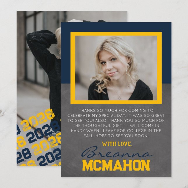 Navy Blue & Guld Studenten 2 Photo Tackto You Card Inbjudningar (Fram/baksida)