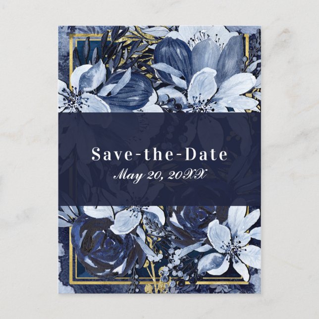 Navy Blue Guld Vattenfärg Blommig Spara Datum Meddelande Vykort (Framsida)
