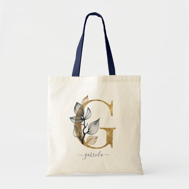 Navy Blue Guldblad Modernt Monogram Bokstav "G" Tygkasse (Framsidan)