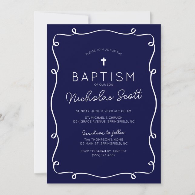 Navy Blue Hand Drawn Baptism Invitation Inbjudningar (Framsida)
