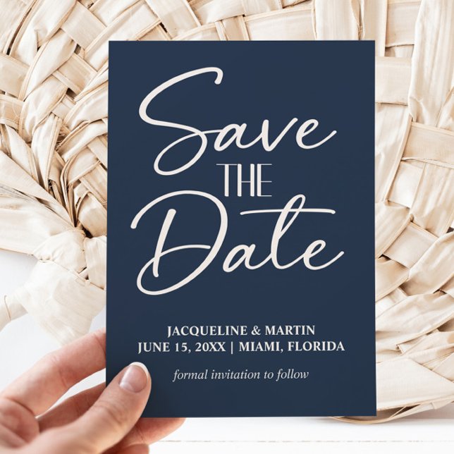 Navy Blue Hand Lettered Script Bröllop  Spara Datumet (Navy blue and white wedding Save the Date photo card)