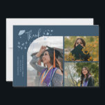 Navy Blue Hand Written Thank You Multi Photo Meddelande<br><div class="desc">Modern and whimsical graduation announcement photo card featuring 3 photos on the front and 1 on the back. The text says "Thank You" with twinkling stars. Add the graduate's name,  information,  and message to personalize this card. Navy blue.</div>