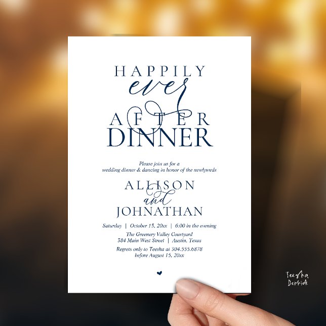 Navy Blue Happily Ever After Dinner Modern Wedding Inbjudningar (navy Blue Happily Ever After Dinner Modern Script Wedding Invitation Card)