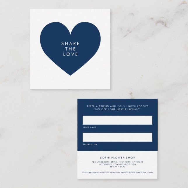 Navy Blue Heart Minimalist  Kärlek Business Rabattkort (Fram/baksida)