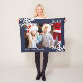 Navy Blue Helgdag Photo Distress Snöflingor Fleecefilt