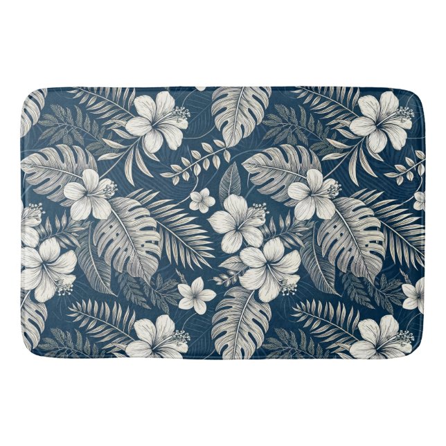Navy Blue Hibiscus Monstera Tropical Botanical Badrumsmatta (Framsidan)