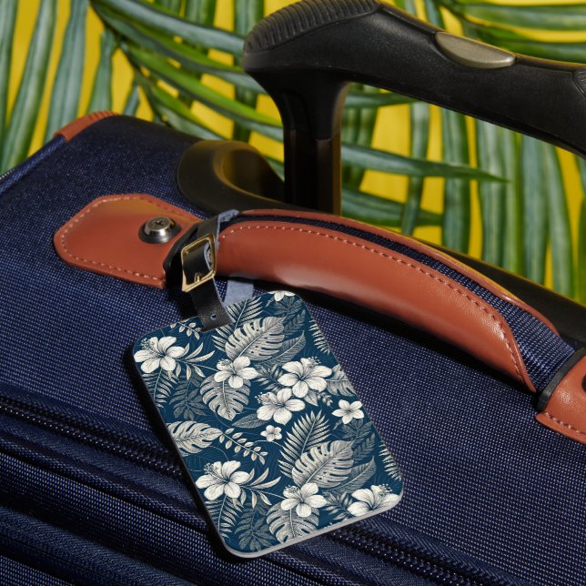 Navy Blue Hibiscus Monstera Tropical Botanical Bagagebricka (Framsida Insitu 1)