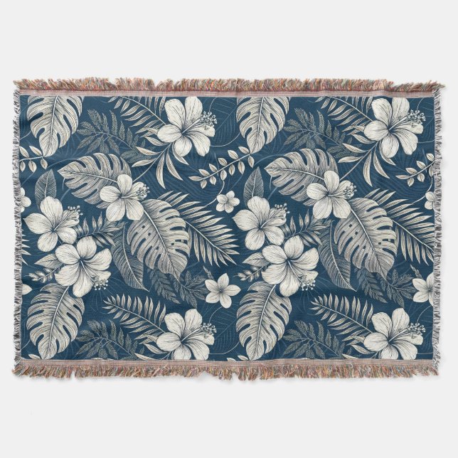Navy Blue Hibiscus Monstera Tropical Botanical Filt (Framsidan)