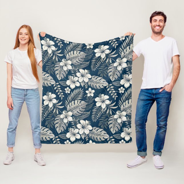 Navy Blue Hibiscus Monstera Tropical Botanical Fleecefilt (På plats)