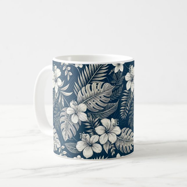 Navy Blue Hibiscus Monstera Tropical Botanical Kaffemugg (Framsida vänster)