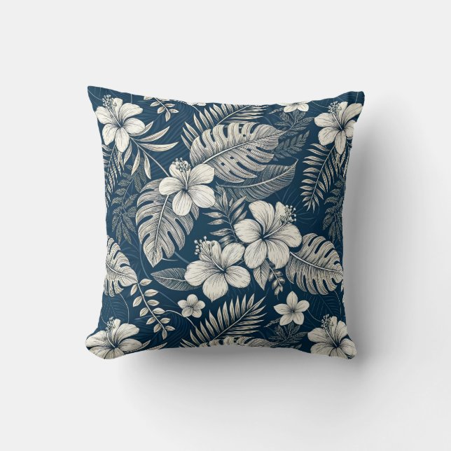 Navy Blue Hibiscus Monstera Tropical Botanical Kudde (Framsida)