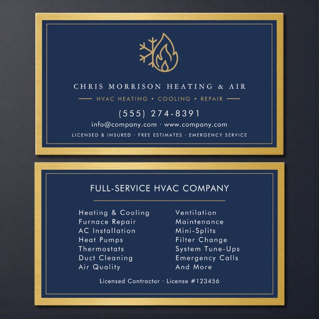 Navy Blue HVAC Company QR Code Gold Metallic Visitkort (Skapare uppladdad)