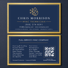 Navy Blue HVAC Contractor QR Code Gold Metallic Visitkort