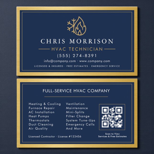 Navy Blue HVAC Contractor QR Code Gold Metallic Visitkort (Skapare uppladdad)