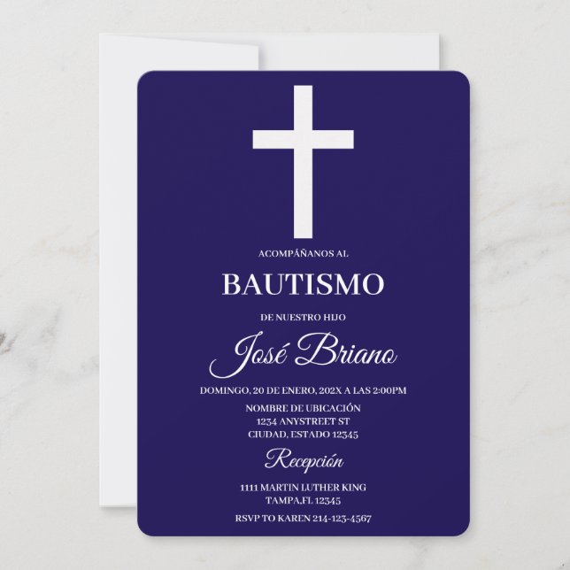 Navy blue in Spanish Baptism Inbjudningar (Framsida)