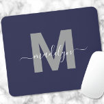 Navy Blue Initial Name Monogram<br><div class="desc">Personalized Elegant Modern Navy Blue and White Script Initial Monogram Mouse Pad. Add a touch of sophistication to your workspace with this chic mouse pad. It features a sleek gray initial centered on a rich navy blue background, complemented by a clean and modern design. Combining elegance with practicality, this mouse...</div>