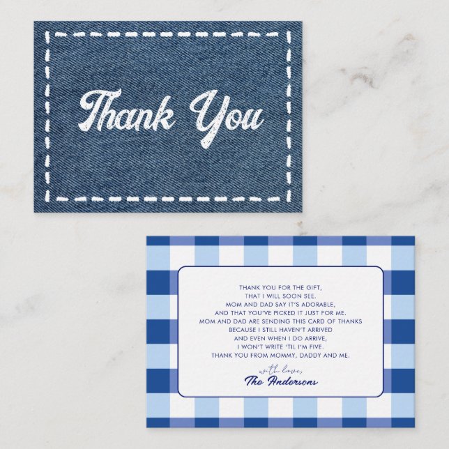 Navy Blue Jean Baby Boy Baby Shower Thank You Anteckningskort (Fram/baksida)