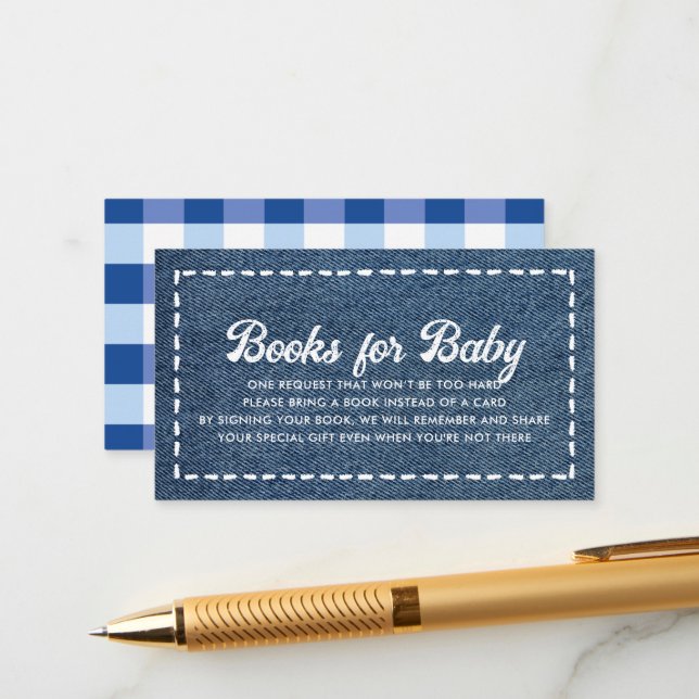 Navy Blue Jean Baby Shower Boy Books for Baby Tilläggskort (Fram/Back In Situ)