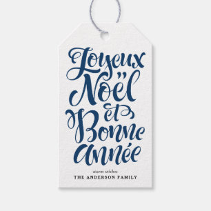 Navy Blue Joyeux Noël och Bonne Année Calligraphy Presentetikett