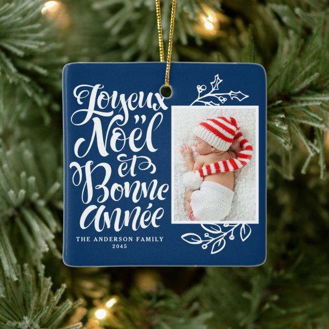 Navy Blue Joyeux Noël och Bonne Année Photo Julgransprydnad Keramik (Träd)