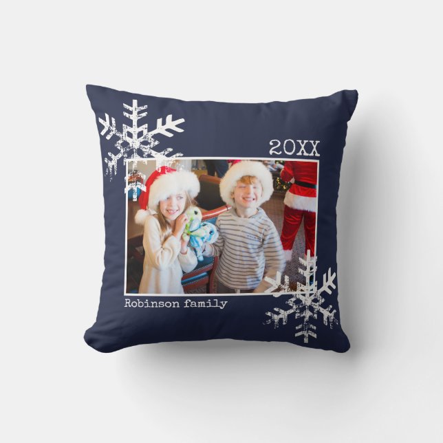 Navy Blue jul Photo Distress Snöflingor Kudde (Framsida)
