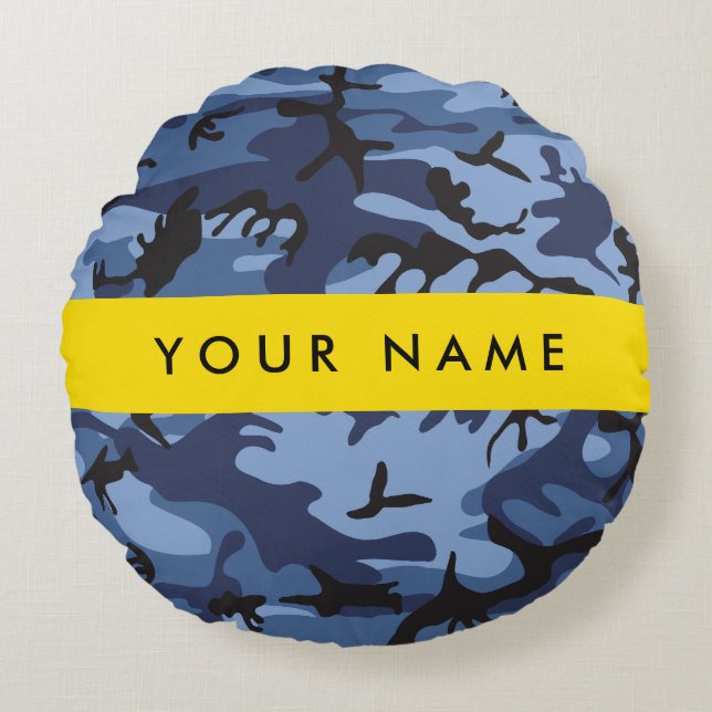 Navy Blue Kamouflage Ditt namn Anpassa Rund Kudde (Framsidan)