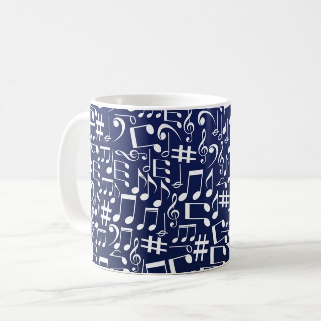 Navy Blue Koboltblå Vit Dansande Noter Kaffemugg (Framsida vänster)