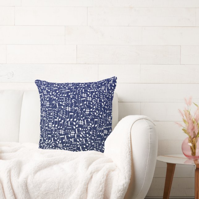 Navy Blue Koboltblå Vit Dansande Noter Kudde (Soffa)