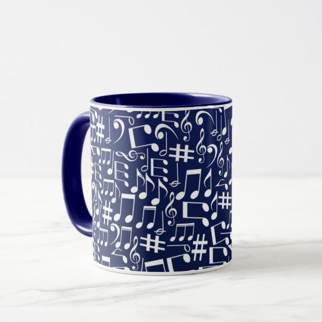 Navy Blue Koboltblå Vit Dansande Noter Mugg (Framsida vänster)
