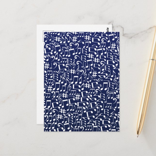 Navy Blue Koboltblå Vit Dansande Noter Vykort (Fram/Back In Situ)