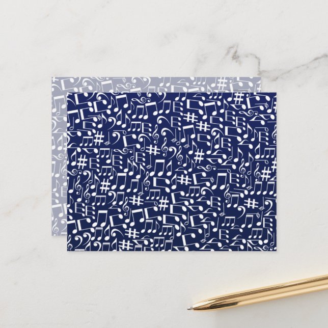 Navy Blue Koboltblå Vit Dansande Noter Vykort (Fram/Back In Situ)