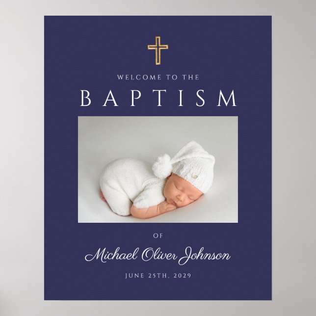 Navy Blue Kor Photo Boy Baptism Välkommen Poster (Framsidan)