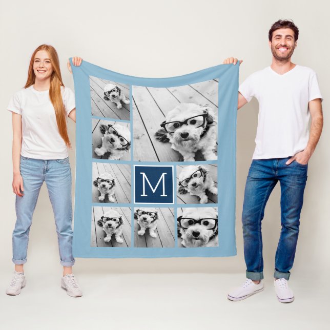 Navy Blue kvadrat 8 Foto Collage KAN redigera FÄRG Fleecefilt (På plats)